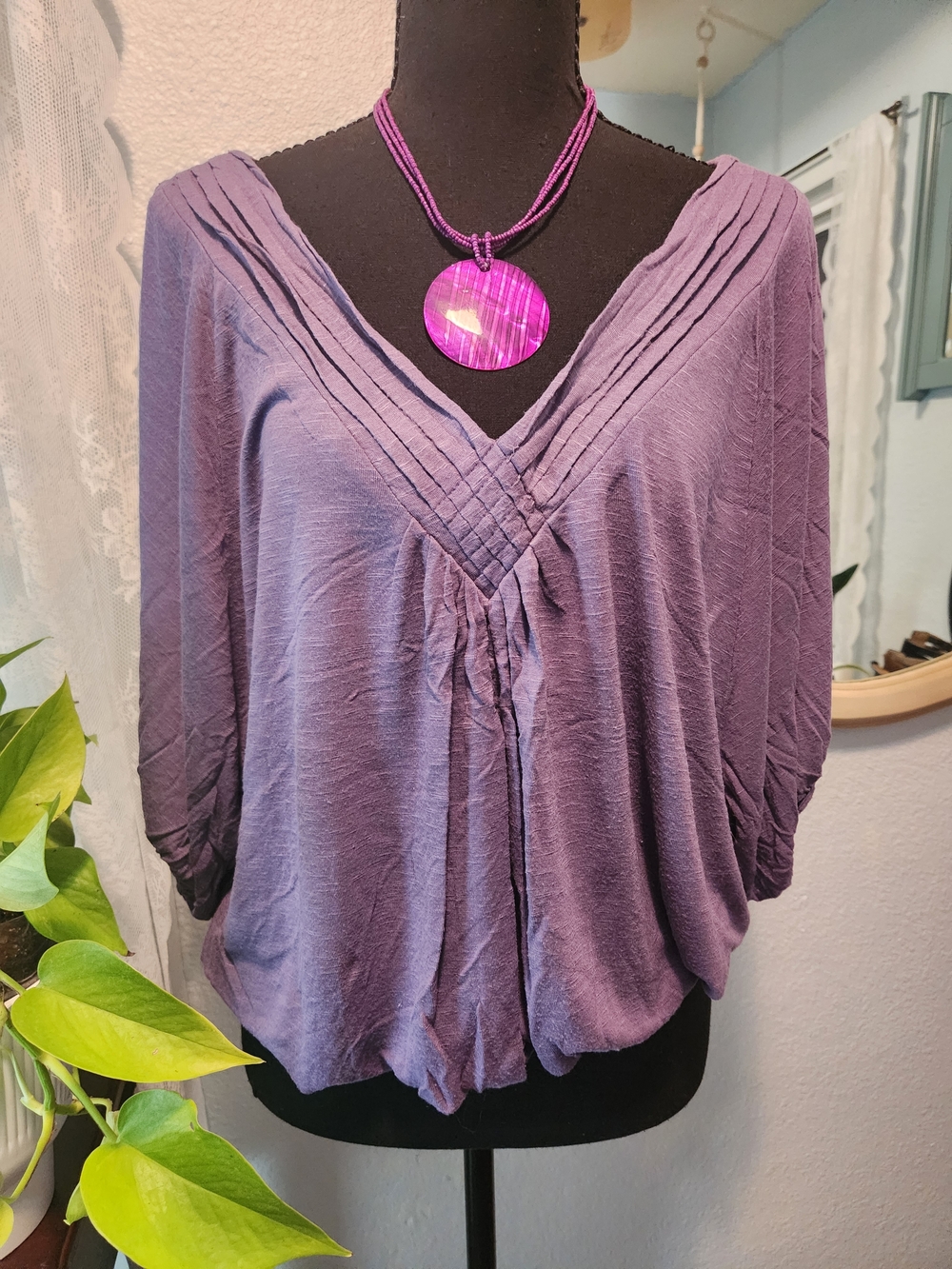 Relaxed V-Neck Pintuck Blouse - Purple
